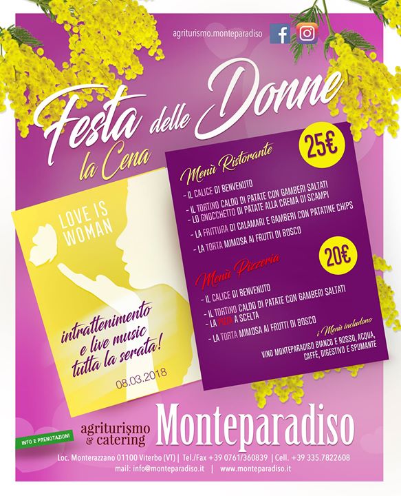 📆 Cena Festa della donna 8 Marzo 2018 a Viterbo - Agriturismo Monte Paradiso in località Monterazzano vi aspetta per la Festa Della Donna